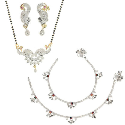 AanyaCentric Gold-Polished Mangalsutra Pendant Earring Set & Silver Plated Anklet