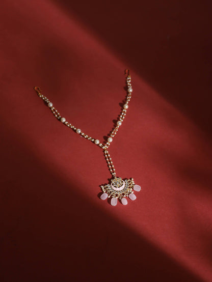 Gold-Polished White Kundan-Studded Pearl Beaded Matha Patti - Ruby Raang