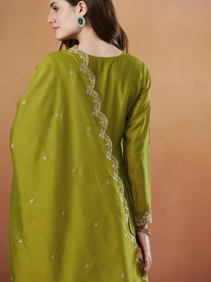 The52 Light Green Women's Beautiful Vichitra Silk Fabric Embroidered Work Flared Anarkali Pant and Dupatta Set