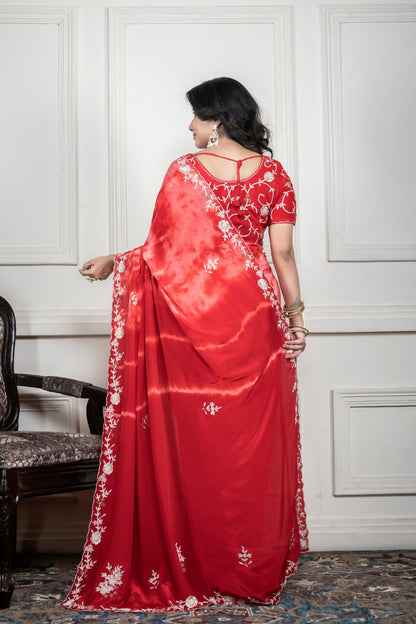 Morchari Red Crepe Hand Embroidery Saree And Stitched Blouse