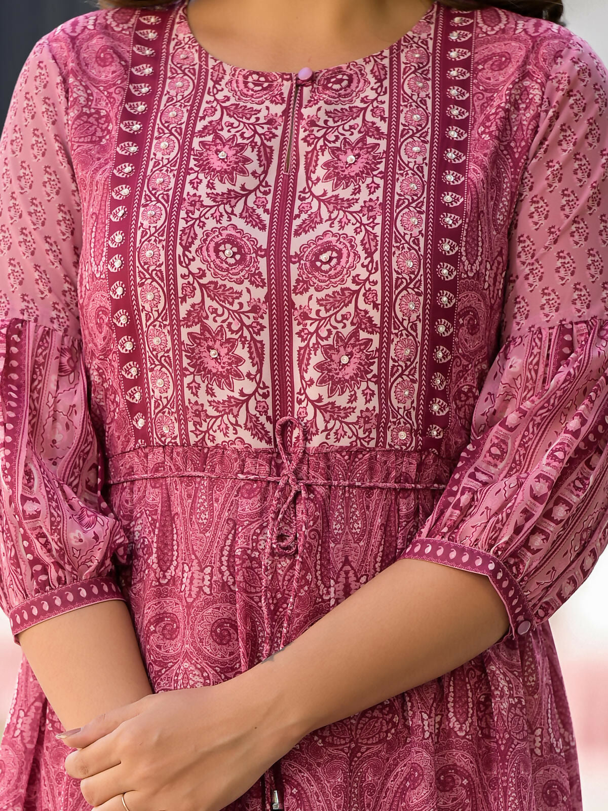 Juniper Women's Onion Pink Ethnic Motif Printed Georgette Gathers Maxi Dress With Sequins & Doris