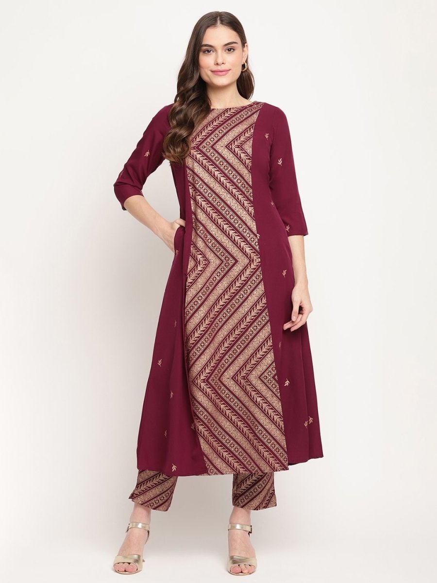 Ahalyaa Women's Wine Crepe Gold Glitter Print Kurta Trouser Set