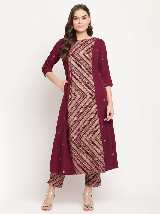 Ahalyaa Women's Wine Crepe Gold Glitter Print Kurta Trouser Set