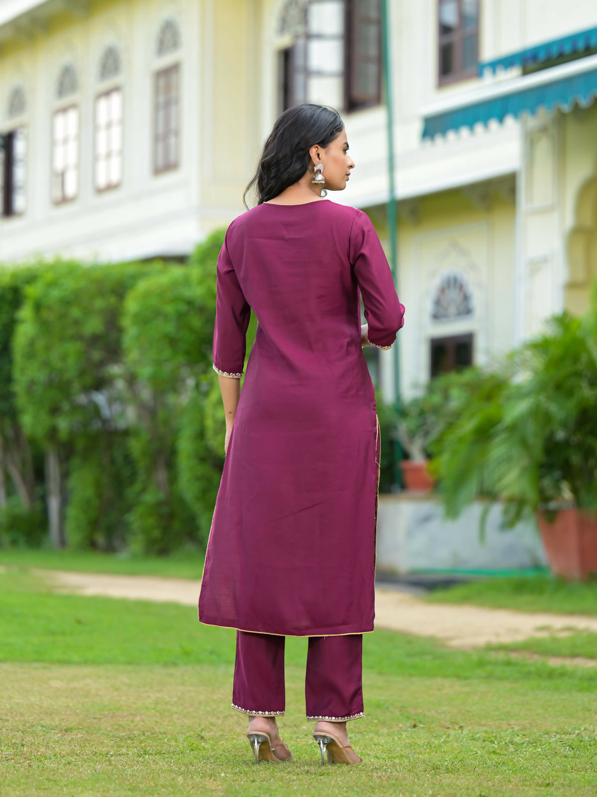 Juniper Women's Wine Solid Viscose Kurta Pant With Dupatta Set With Zari & Mirror Embroidery
