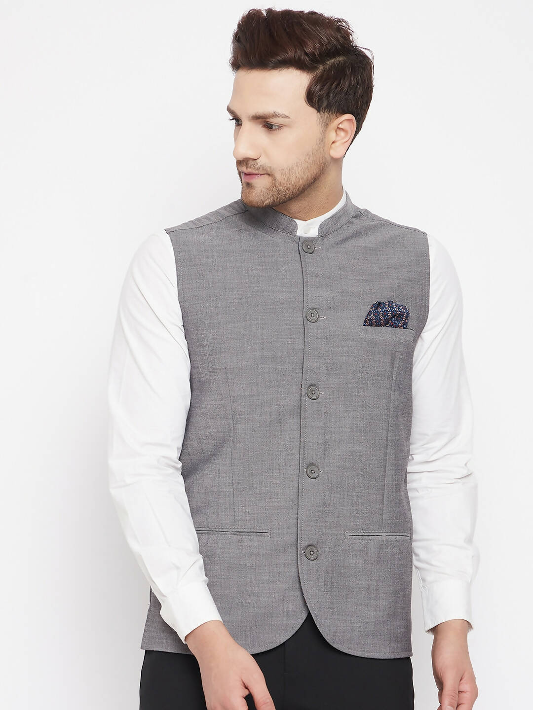 Even Apparels Grey Merino Men's Nehru Jacket-Contrast Lining-Free Pocket Square PW690