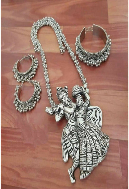 Mominos Fashion Johar Kamal Silver-Plated Brass Finish Radha Kishan Long Neckalce Combo Set For Women