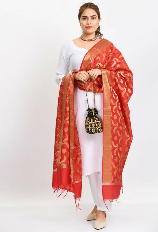 Mominos Fashion Moeza Women's Banarsi Silk Floral Woven Design Red Dupatta