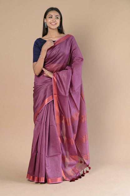 Very Much Indian Handloom Cotton Silk Maheshwari Saree With Sleek Golden Border - Maroon