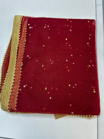 Maroon net duppata heavy lace