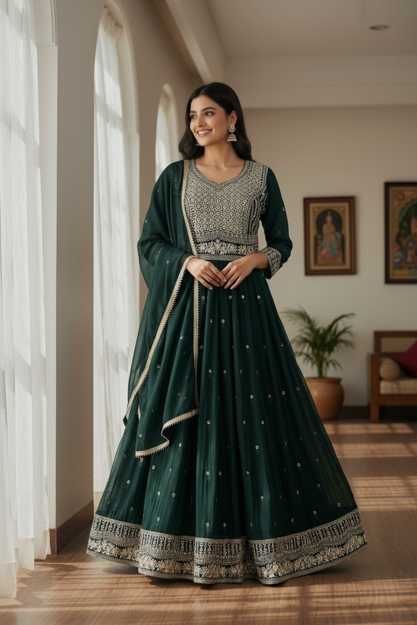 Chinon silk long gown : green