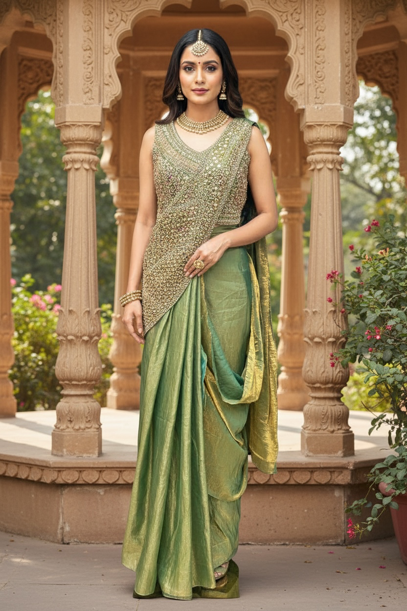 Readymade saree : pre pleated tissue silk saree
