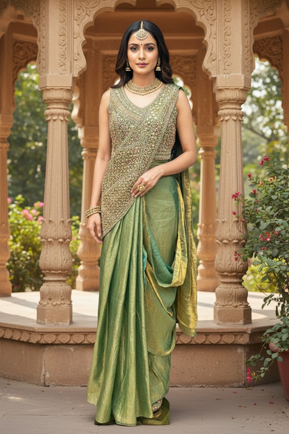 Readymade saree : pre pleated tissue silk saree