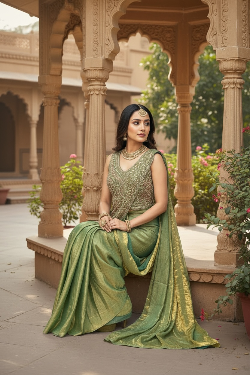 Readymade saree : pre pleated tissue silk saree