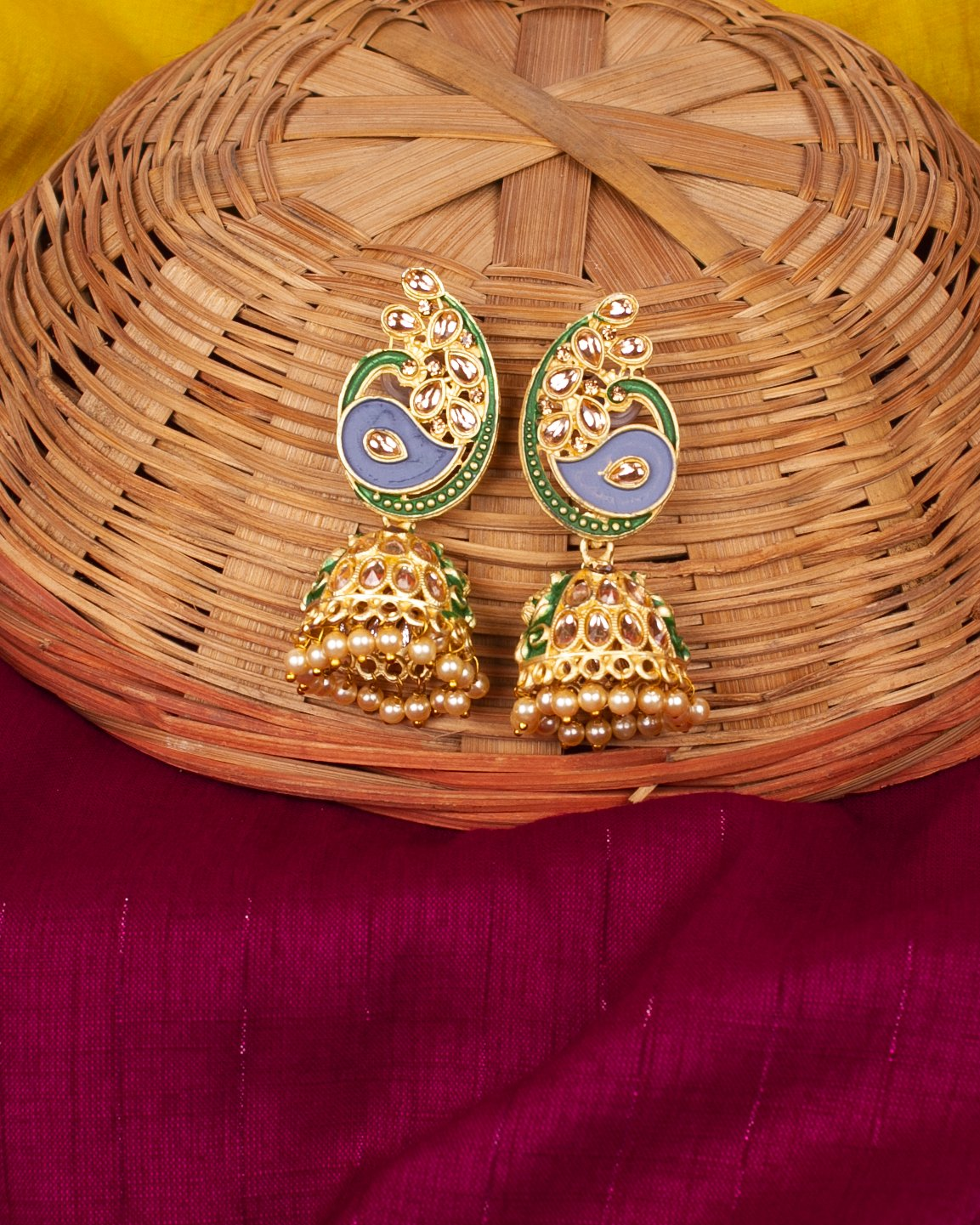 Gold-Polished Alloy Enamel & Stone Studded Jhumki Earrings - The Pari