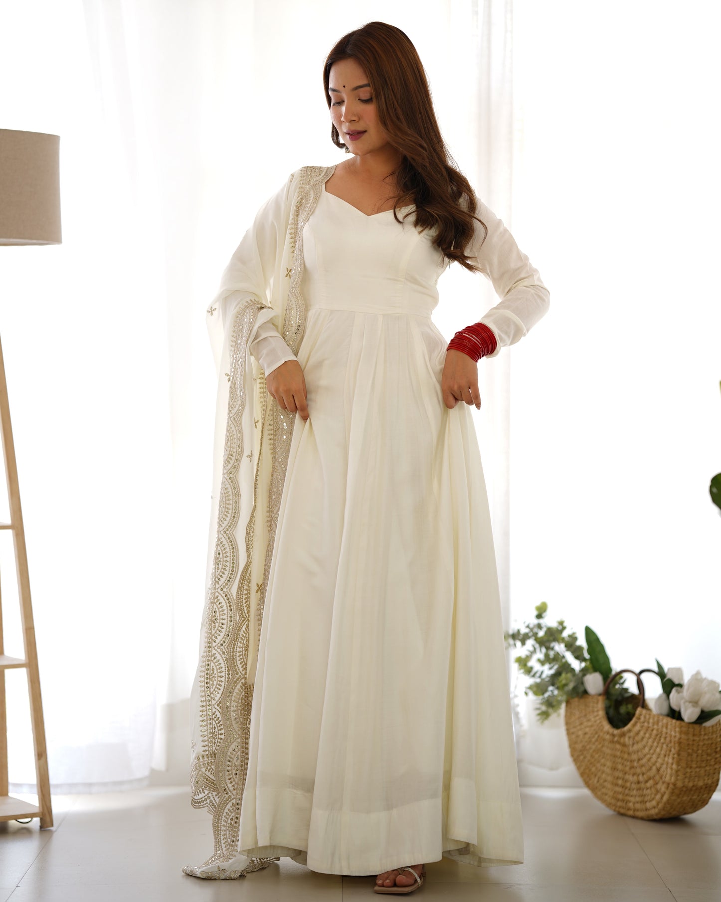 Lorenvalley Fashion Offwhite Pure Roman Silk Chanderi Fabric Fully Flared Anarkali Pant With Dupatta Set - Off White