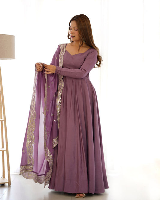 Lorenvalley Fashion Mauve Pure Roman Silk Chanderi Fabric Fully Flared Anarkali Pant With Dupatta Set - Mauve