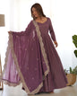 Lorenvalley Fashion Mauve Pure Roman Silk Chanderi Fabric Fully Flared Anarkali Pant With Dupatta Set - Mauve