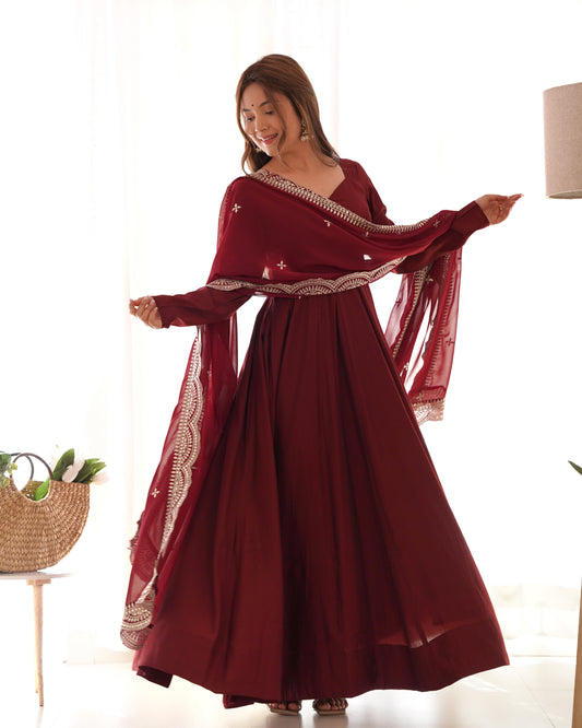 Lorenvalley Fashion Maroon Pure Roman Silk Chanderi Fabric Fully Flared Anarkali Pant With Dupatta Set - Maroon