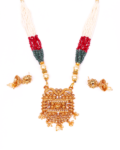 Gold-Polished Alloy Pearl And Beads Mala Pendant Set - The Pari