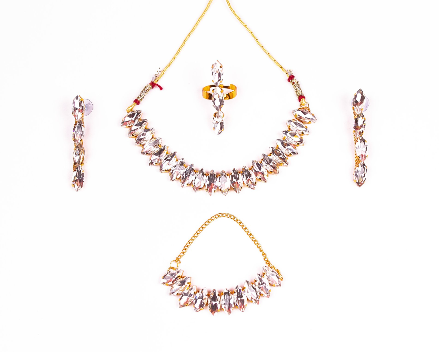 Gold-Polished Alloy Rhinestones Studded Single Line Necklace Set - The Pari