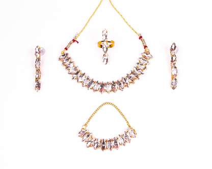 Gold-Polished Alloy Rhinestones Studded Single Line Necklace Set - The Pari