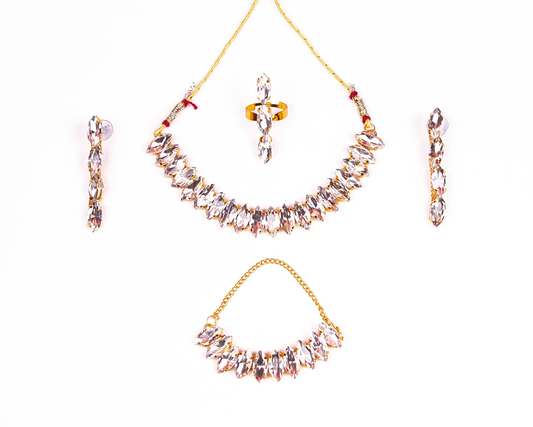 Gold-Polished Alloy Rhinestones Studded Single Line Necklace Set - The Pari