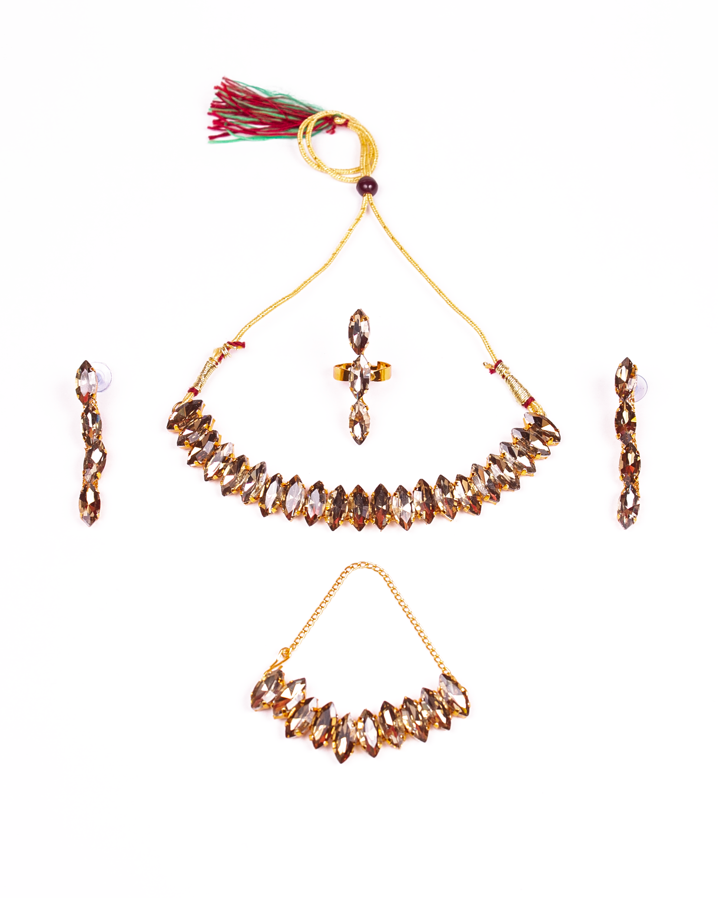Gold-Polished Alloy Rhinestones Studded Single Line Necklace Set - The Pari