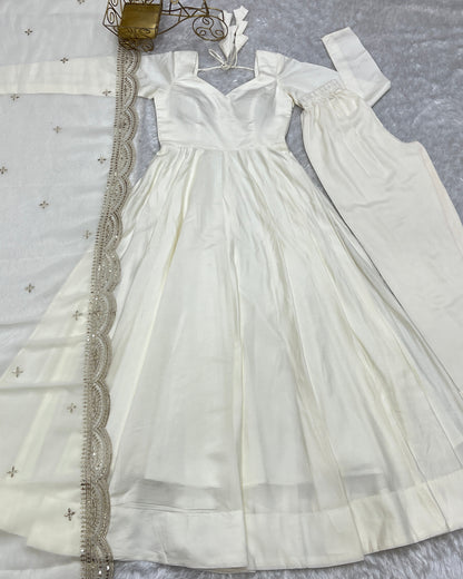 Lorenvalley Fashion Offwhite Pure Roman Silk Chanderi Fabric Fully Flared Anarkali Pant With Dupatta Set - Off White