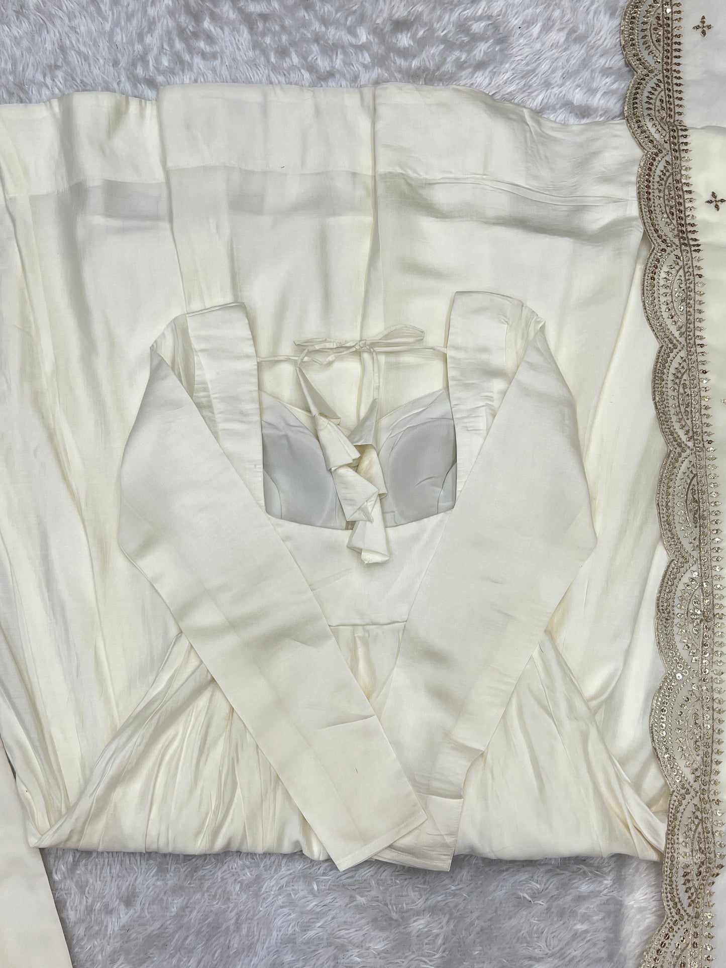 Lorenvalley Fashion Offwhite Pure Roman Silk Chanderi Fabric Fully Flared Anarkali Pant With Dupatta Set - Off White