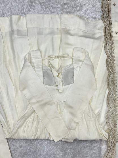 Lorenvalley Fashion Offwhite Pure Roman Silk Chanderi Fabric Fully Flared Anarkali Pant With Dupatta Set - Off White