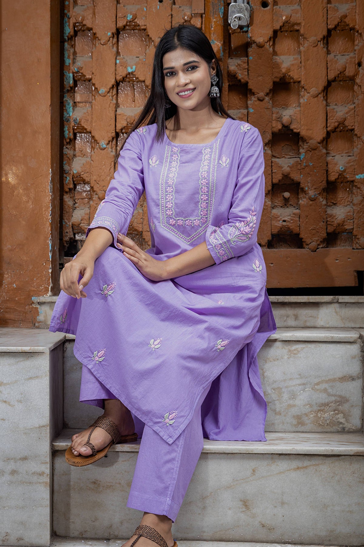 Gharana India Mul Cotton Lilac Chikankari Kurta Set - 2Pc