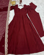 Lorenvalley Fashion Maroon Pure Roman Silk Chanderi Fabric Fully Flared Anarkali Pant With Dupatta Set - Maroon