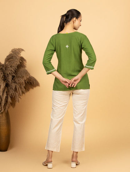 Gharana India Luxury Rayon Green Chikankari Top