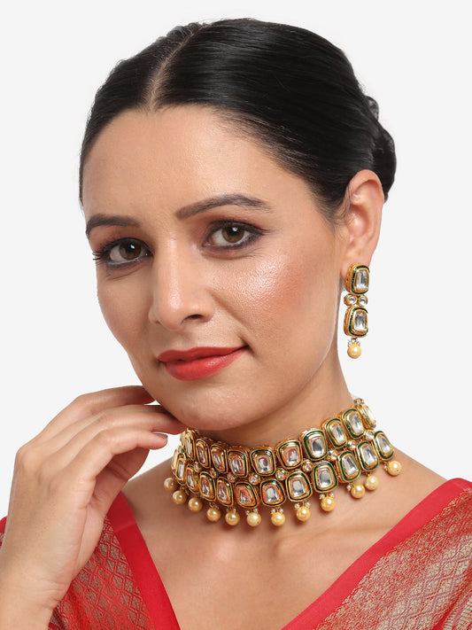 White Gold Toned Meenakari Kundan Choker With Earrings - Ruby Raang