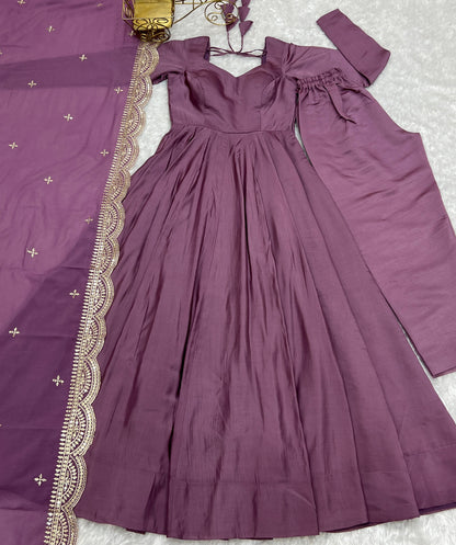 Lorenvalley Fashion Mauve Pure Roman Silk Chanderi Fabric Fully Flared Anarkali Pant With Dupatta Set - Mauve