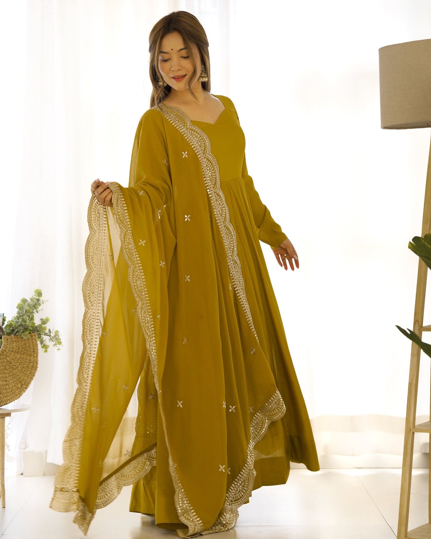 Lorenvalley Fashion Yellow Pure Roman Silk Chanderi Fabric Fully Flared Anarkali Pant With Dupatta Set - Yellow
