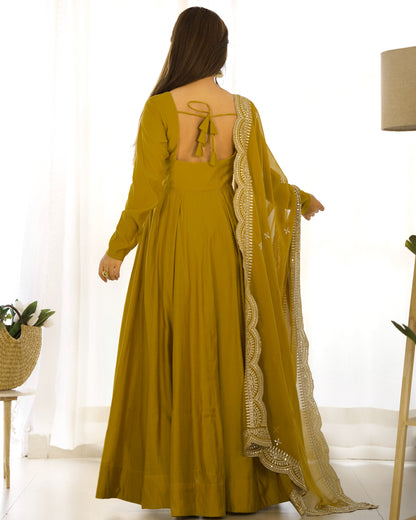 Lorenvalley Fashion Yellow Pure Roman Silk Chanderi Fabric Fully Flared Anarkali Pant With Dupatta Set - Yellow