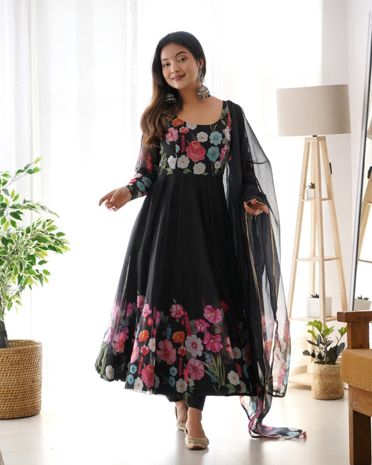 Lorenvalley Fashion Black Soft Organza Silk With Floral Print Fully Flared Anarkali Pant With Dupatta Set - Black
