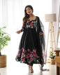 Lorenvalley Fashion Black Soft Organza Silk With Floral Print Fully Flared Anarkali Pant With Dupatta Set - Black