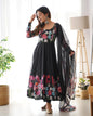 Lorenvalley Fashion Black Soft Organza Silk With Floral Print Fully Flared Anarkali Pant With Dupatta Set - Black