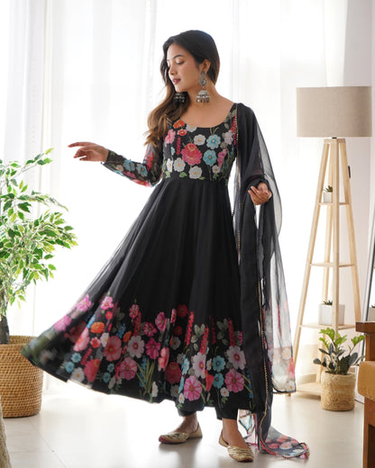 Lorenvalley Fashion Black Soft Organza Silk With Floral Print Fully Flared Anarkali Pant With Dupatta Set - Black