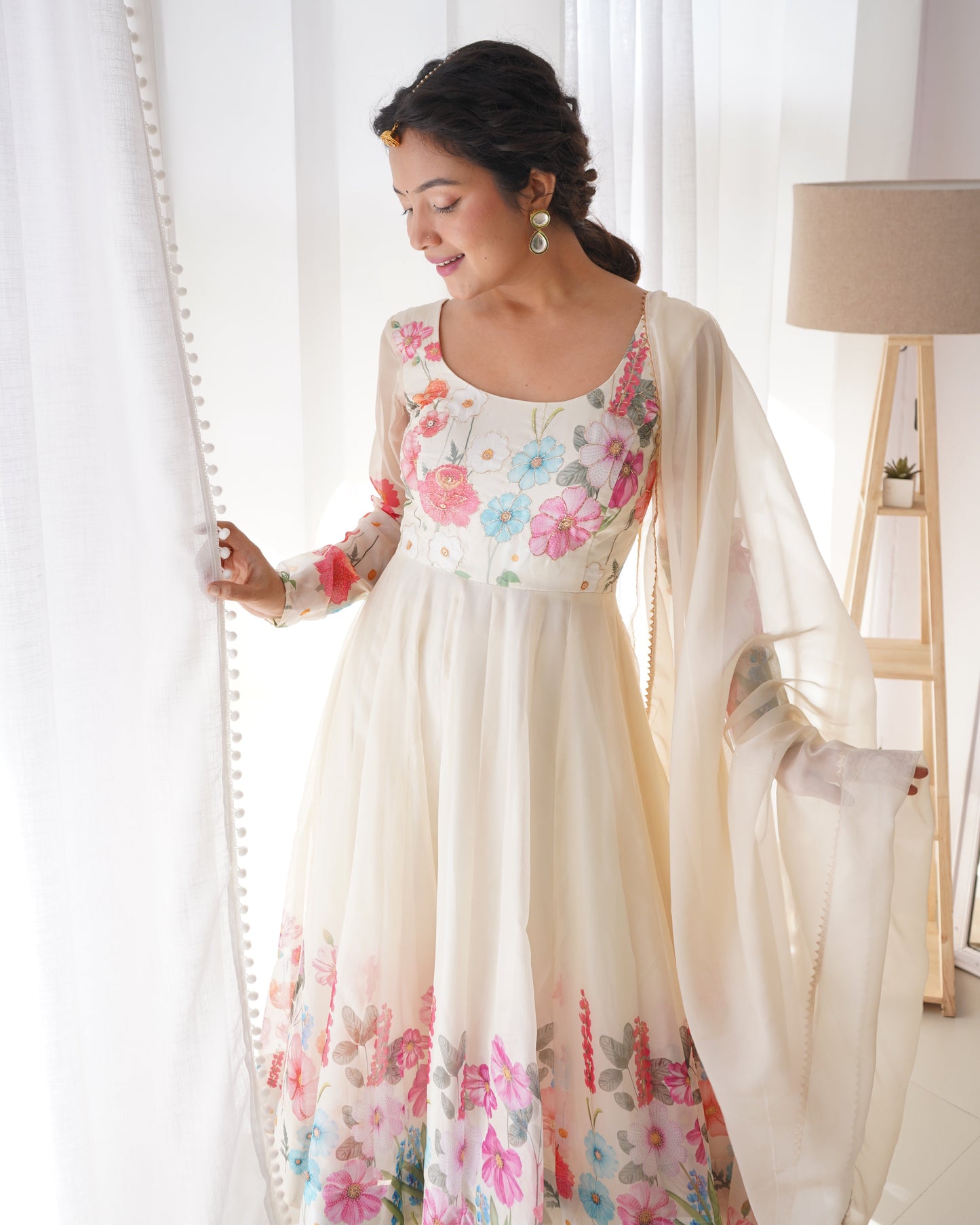 Lorenvalley Fashion Cream Soft Organza Silk With Floral Print Fully Flared Anarkali Pant With Dupatta Set - Cream