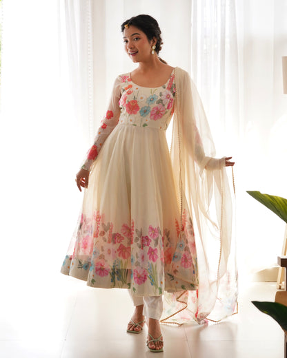 Lorenvalley Fashion Cream Soft Organza Silk With Floral Print Fully Flared Anarkali Pant With Dupatta Set - Cream