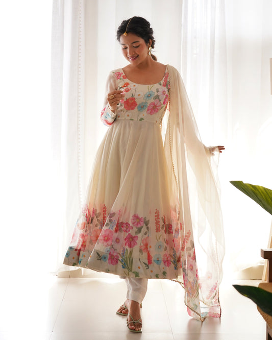 Lorenvalley Fashion Cream Soft Organza Silk With Floral Print Fully Flared Anarkali Pant With Dupatta Set - Cream