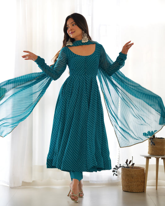 Lorenvalley Fashion Women Pure Soft Faux Georgette Laheriya Print Fully Flair Anarkali Kurta Pant With Dupatta Set - Rama