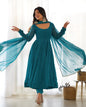 Lorenvalley Fashion Women Pure Soft Faux Georgette Laheriya Print Fully Flair Anarkali Kurta Pant With Dupatta Set - Rama