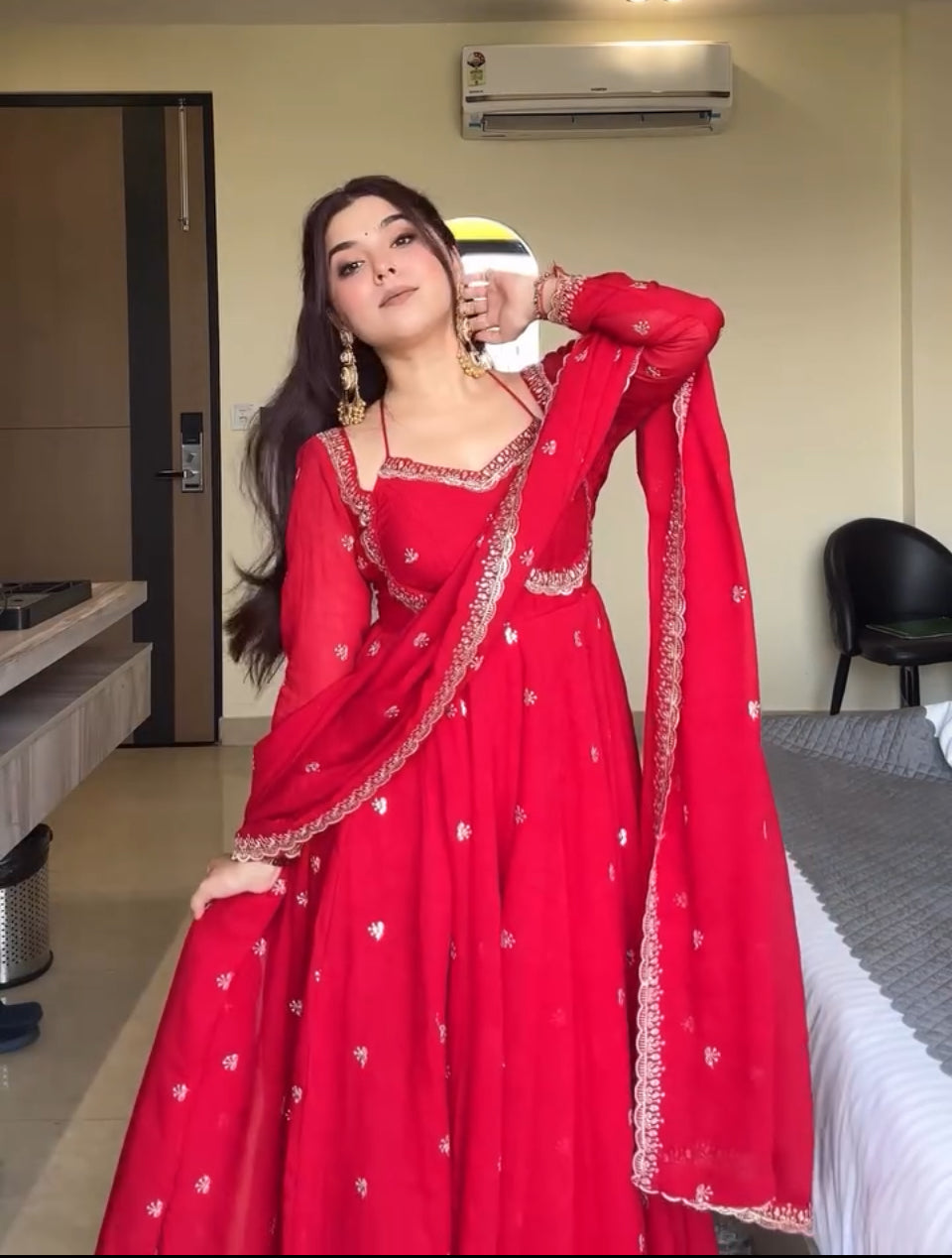 Yash Enterprise Red Havy Foux Goargate Party Wear Ebroidery Suit Set
