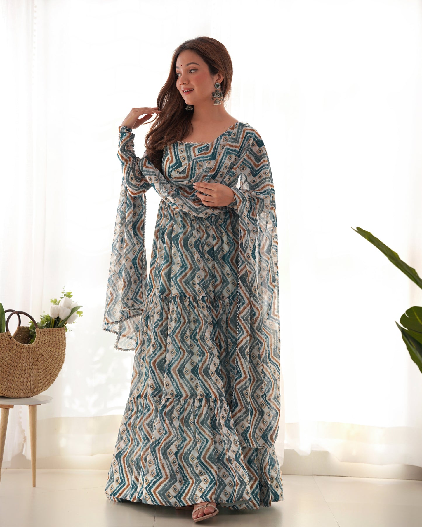 Lorenvalley Fashion Skyblue Pure Faux Georgette Zigzag Print Fully Flair Anarkali Pant With Dupatta - Skyblue