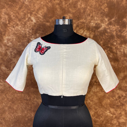 Butterfly Nector Off White Coloured Slub Cotton Ready to Wear Blouse - kapda Tailor