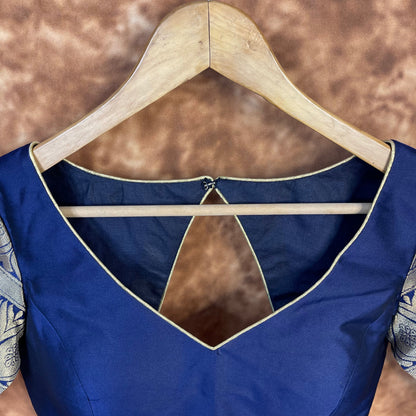 Trypan Blue Blue Coloured Silk / Broket Ready to Wear Blouse - kapda Tailor